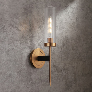 Modern Minimalist 1-Light Cylinder Clear Ribbed Glass Shade Wall Sconces in Gold&Black